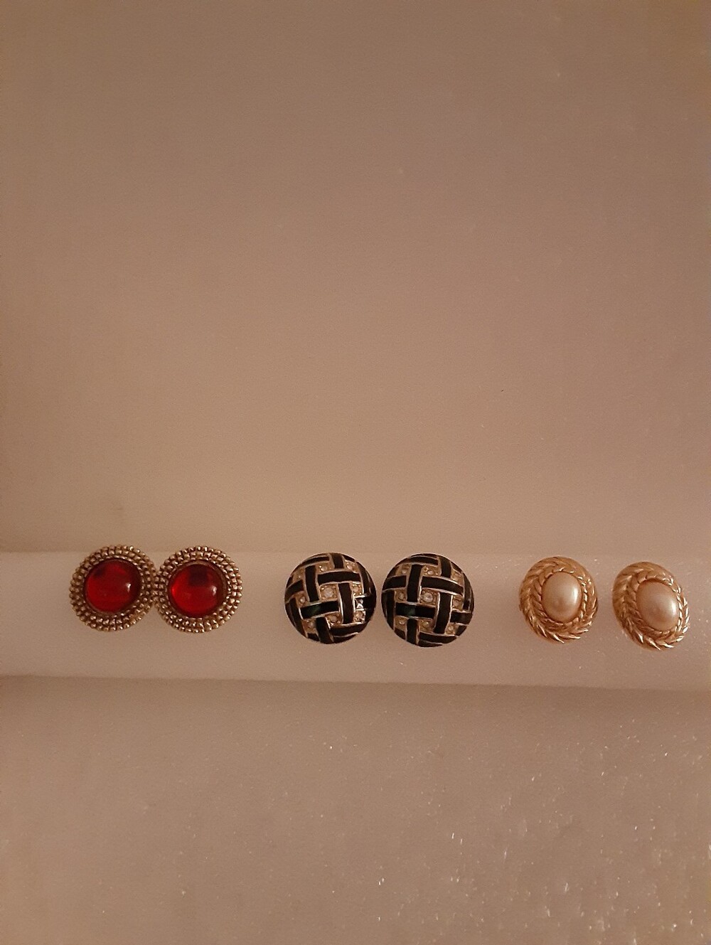 Three-Pair Women's Stud Earring Set - Red, Black & Pearl-Tone Accents